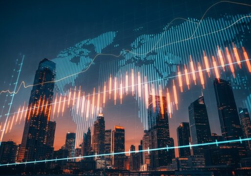 Futuristic cityscape with digital world map and stock market chart overlay