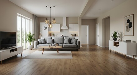 Bright and spacious modern living room with an open-plan kitchen and minimalist Scandinavian interior design