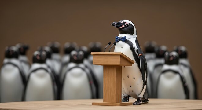 A penguin leader wearing a bow tie gives a speech from a wooden lectern to an audience of penguins.
