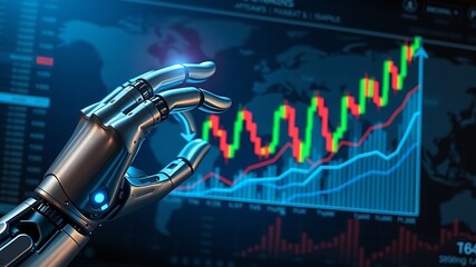Robotic hand interacting with financial market data analysis image