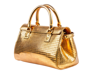 golden shiny hand bag isolated on white background PNG.AI Generated.