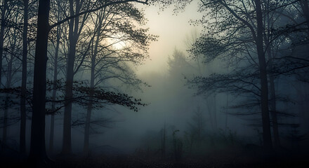 Fototapeta premium Misty forest scene at dawn.