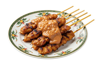 Grilled chicken satay with peanut sauce on a plate.