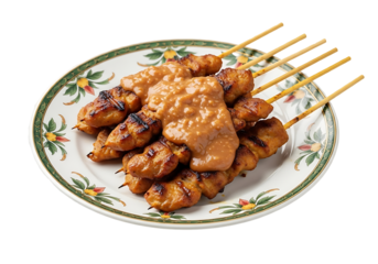 Grilled chicken satay with peanut sauce on a plate.