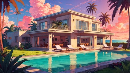 Luxury tropical villa with a swimming pool under a pink sunset sky, modern anime style illustration