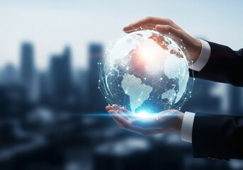 Hands holding a digital globe with a network overlay