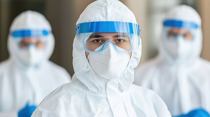 Medical workers in full PPE suits with surgical masks and goggles portrait image. Sterile healthcare virus prevention photography human scene. Covid safety concept photo-realistic