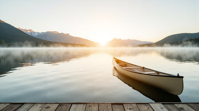 Canoe floating on calm lake at sunrise with misty mountains  