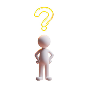 A 3d human figure contemplates a glowing question mark floating above its head isolated on transparent background