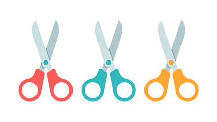 A flat, minimalist illustration of three pairs of scissors arranged horizontally. Each pair has silver-colored metal blades and different colored plastic handles.