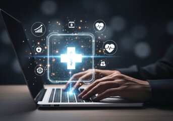 Hands typing on a laptop with glowing health icons