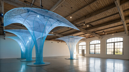 Luminous Blue Abstract Sculpture in Modern Gallery Setting