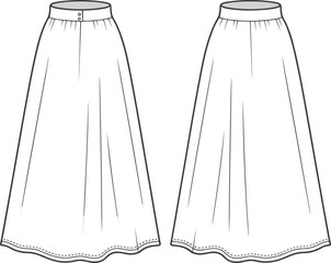 CAD fashion sketch, long skirt design, front and back view, technical garment drawing, sewing pattern, flat vector illustration