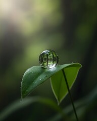 Crystal Clear Water Droplet on Leaf Reflecting Forest