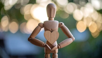 Wooden figurine symbolizing connection between people standing in a pose of unity