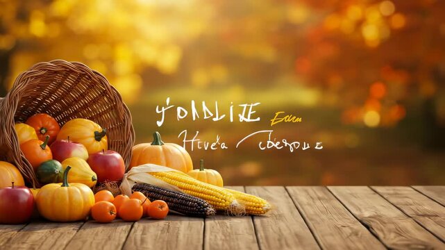 Abundant Thanksgiving Cornucopia with Pumpkins, Apples, and Corn on Rustic Wood in Autumn Setting