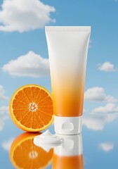 Minimalist skincare cream tube with orange slice and cream dollop, fresh and vibrant beauty product for skincare promotion