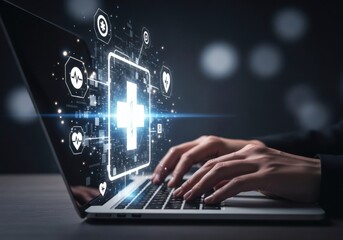 Laptop screen displays medical icons and data while hands type