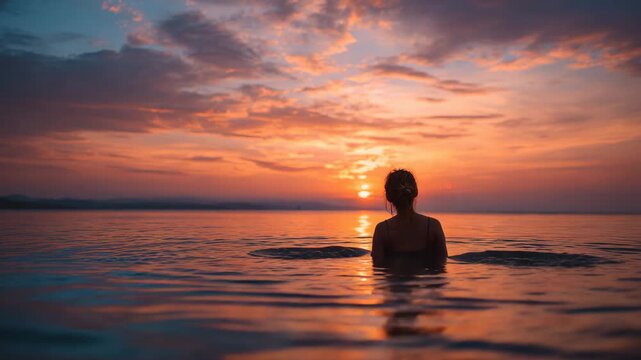 A serene moment as a person enjoys a peaceful swim during sunset, with golden and pink hues reflecting over the calm ocean. This tranquil scene captures the essence of relaxation, self-reflection, 