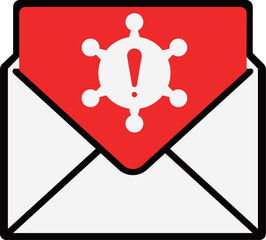 ウイルスやスパム警告、注意マークを示すメールアイコンのベクターイラスト。サイバー攻撃や情報漏洩、フィッシング詐欺の注意喚起に適したグラフィック素材