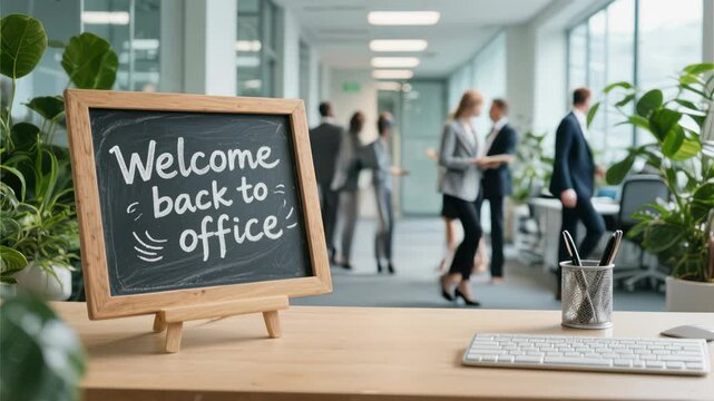 Welcome back to office message on desk with business team returning to workplace after holidays.
