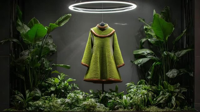 A futuristic green dress displayed in a botanical-inspired setting, blending sustainable fashion with natural elegance. Surrounded by lush plants and illuminated by a modern halo light, this image rep