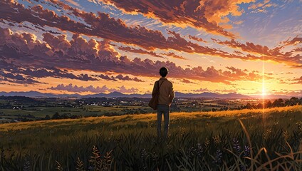 Anime style boy watching sunset over vast countryside with dramatic colorful sky