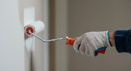 Painter Hand Applying Wall Paint from Side Angle