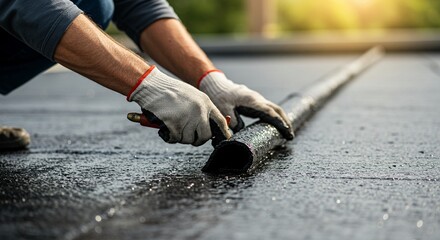 Professional Handyman Installing Bitumen Roof with Safety Gear