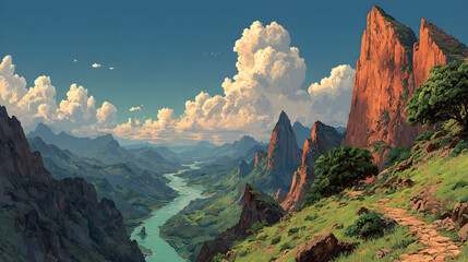 Pixel art landscape with winding river through bright mountains, HD realistic