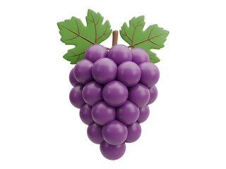 3D cartoon purple grape bunch with green leaves for design isolated on transparent background