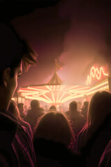 A warm, glowing carousel lights up the night as a crowd of people watch in awe, creating a nostalgic and magical atmosphere with soft light, silhouettes, and carnival charm.