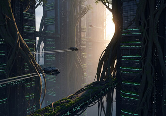 Futuristic cityscape blends nature and technology with flying vehicles navigating between organic skyscrapers bathed in golden sunlight