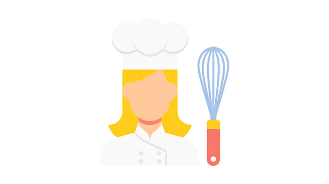A minimalist flat design illustration of a female chef and a whisk. The chef is depicted in a simplified style with blonde hair, wearing a white chef's coat and tall white chef's hat.