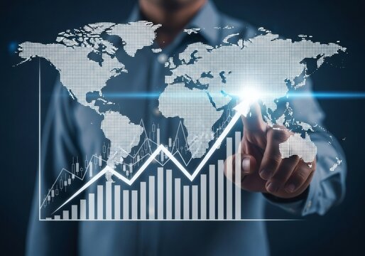 Man points at world map with glowing growth chart