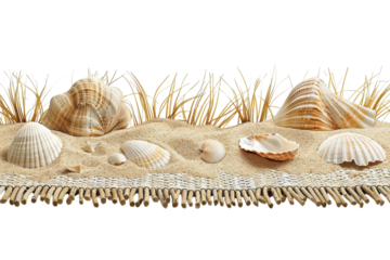 Shells and sand create a tranquil scene on a sunny beach in late afternoon