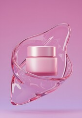 Modern glass cosmetic cream jar with abstract pink liquid splash, futuristic design for beauty product advertisement