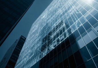 Modern glass skyscraper with digital grid overlay