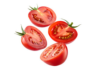 Fresh red sliced tomato halves for food design and branding isolated on transparent background