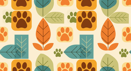 Fototapeta na wymiar Charming Pet Paw Print and Autumn Leaf Seamless Pattern Illustration