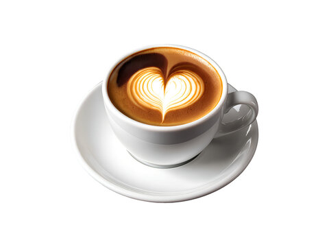 Heart latte art cappuccino in white cup for cafe branding isolated on transparent background