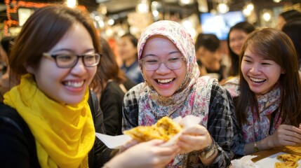 Three Smiling Women Sharing Food Indoors