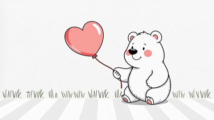 Cute Cartoon Bear Holding Heart Balloon - Ideal for greeting cards, children's designs, and romantic themed content.