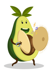Cheerful avocado character street drummer of street orchestra beats a drum on copper cymbals, a musical percussion instrument. Cartoon vector isolated on white background
