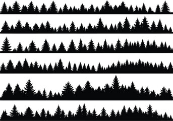 Collection of six distinct black silhouette forest borders featuring various evergreen coniferous trees in a natural landscape setting