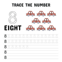 Fun tracing worksheet for the number 8, featuring eight red cars. Helps young learners practice writing numbers and improve counting skills through vehicle-themed visuals.