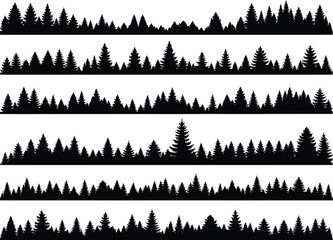 Collection of six distinct black silhouette forest tree line borders with varied evergreen pine and fir trees