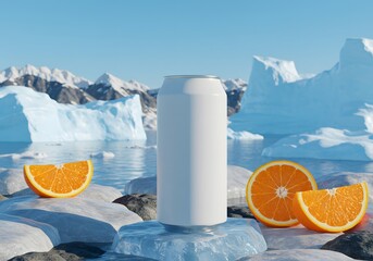 Realistic beverage can with orange slice and ice, natural refreshing drink concept for advertisement