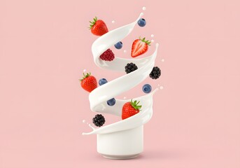 Dynamic splash of cream with fresh berry fruit, vibrant and colorful food concept for advertising