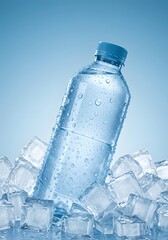 Modern product photography plastic water bottle with water droplets on ice, cool blue ambiance for cold beverage promotion